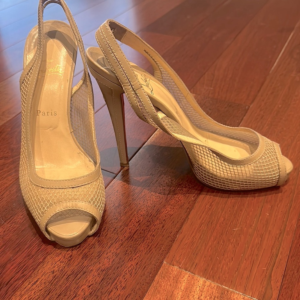 Christian Louboutin sand colored mesh platform Slingbacks